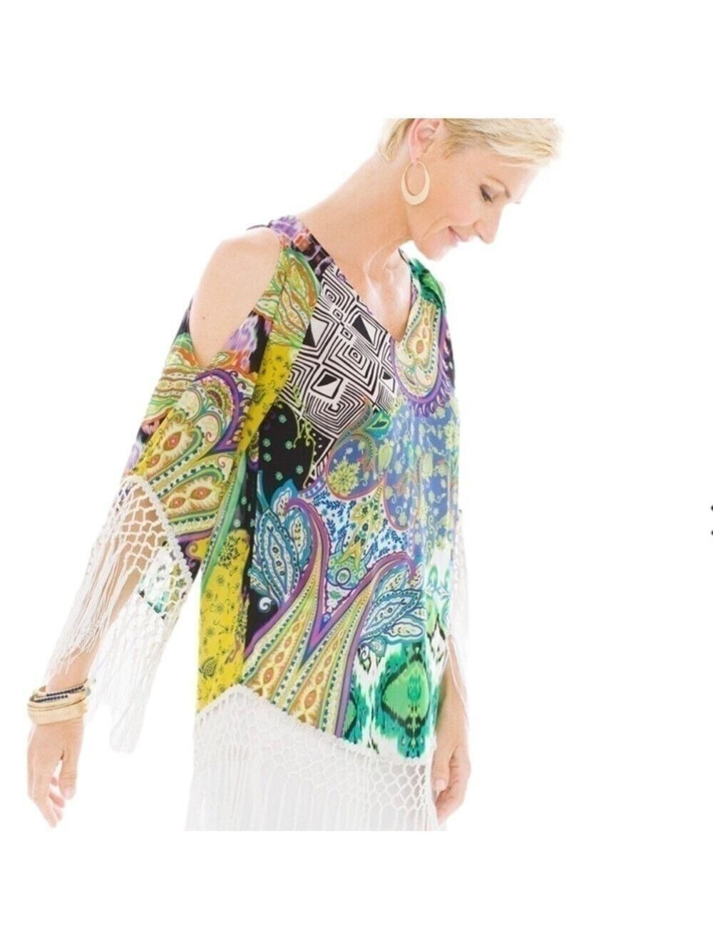Women’s Chico’s Retro Paisley Fringe Boho Tunic Size 1 US! - Picture 1 of 9